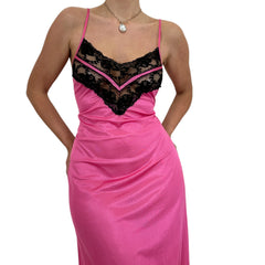 90s Vintage Pink + Black Lace Slip Maxi Dress [L]