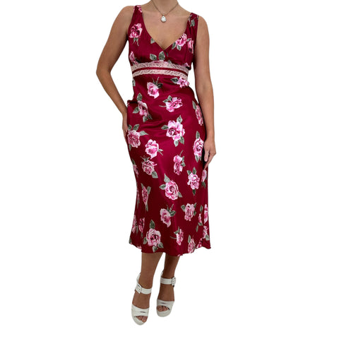 90s Vintage Red Floral Lace Slip Maxi Dress [M, L]