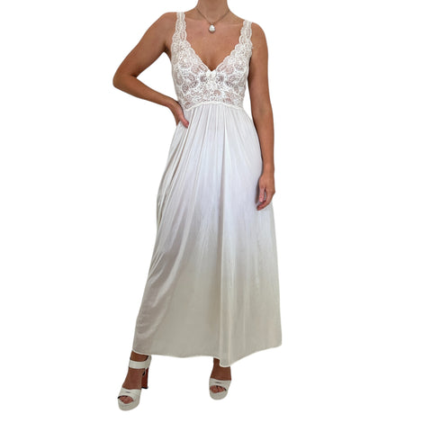 90s Vintage White V-Neck Slip Midi Dress [L]