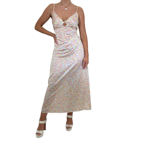 90s Vintage Ivory Floral Lace Trim Mini Slip Dress [M]