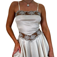 Y2k Vintage Ivory Satin Floral Lace Mini Slip Dress [M]