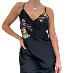 Y2k Vintage Black Floral Embroidered V-Neck Mini Slip Dress [L]