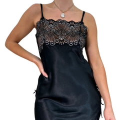 Y2k Vintage Black Lace Floral Satin Mini Slip Dress [S]