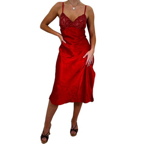 90s Vintage Red Satin Mini Slip Dress [L]