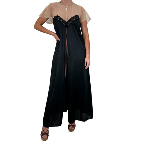 Y2k Vintage Black Floral V-Neck Lace Up Front Mini Slip Dress [M]