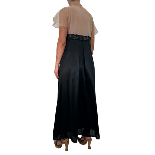 Y2k Vintage Black + Beige Sheer Open Front Slip Maxi Dress [M]