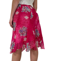 Y2k Vintage Pink Silk Floral Asymmetrical Hem Skirt [L]