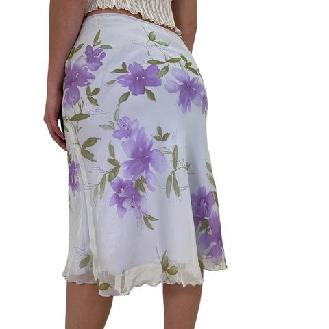 90s Vintage White Floral Lace Back Slit Skirt [S, M]