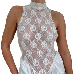 90s Vintage White Floral Lace Bodysuit [M]