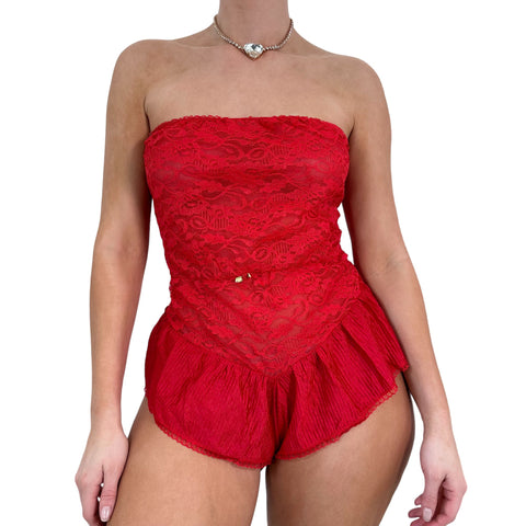 90s Vintage Rare Red Floral Lace Bodysuit [S]