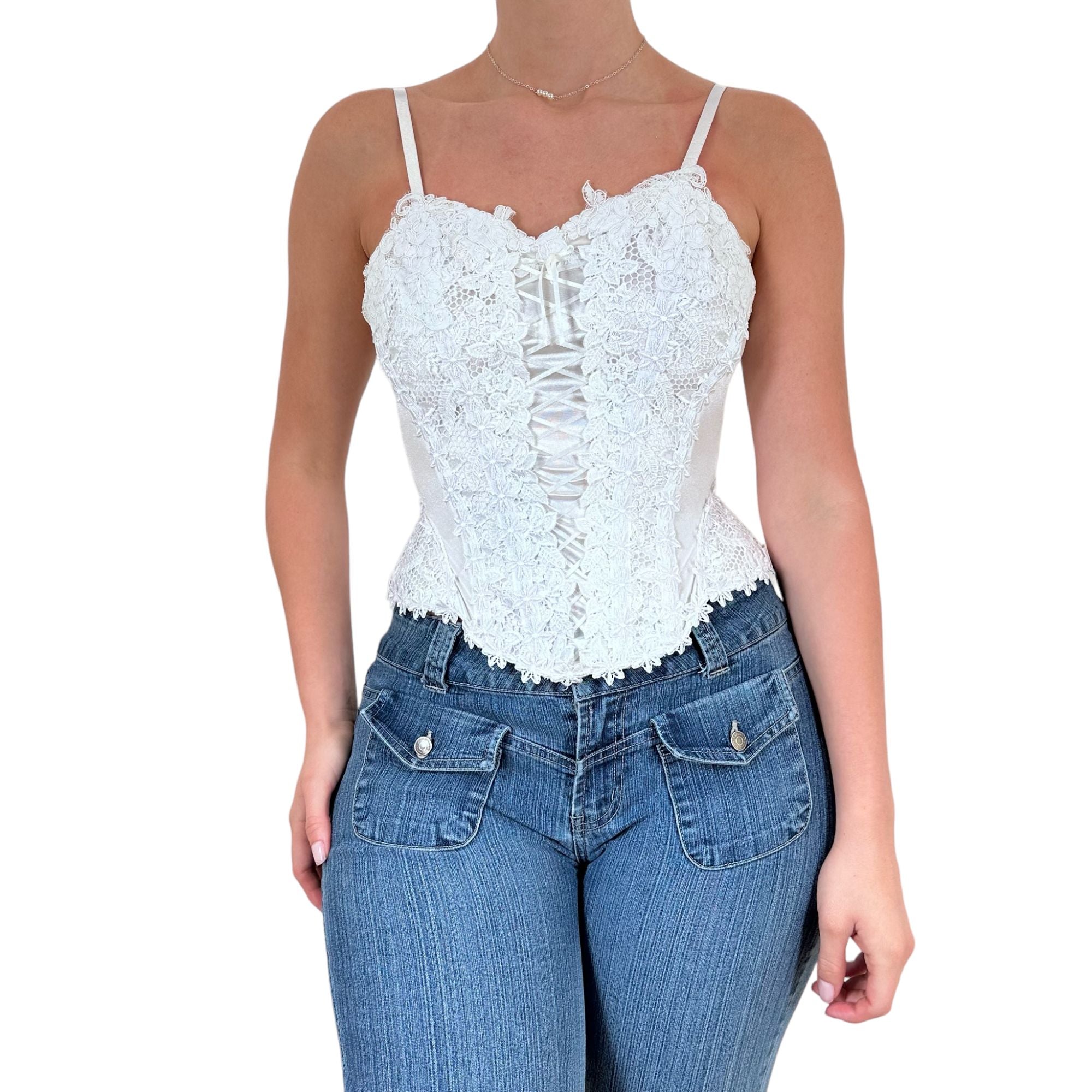 90s Rare Vintage Frederick's of Hollywood White Lace Floral Top [S]