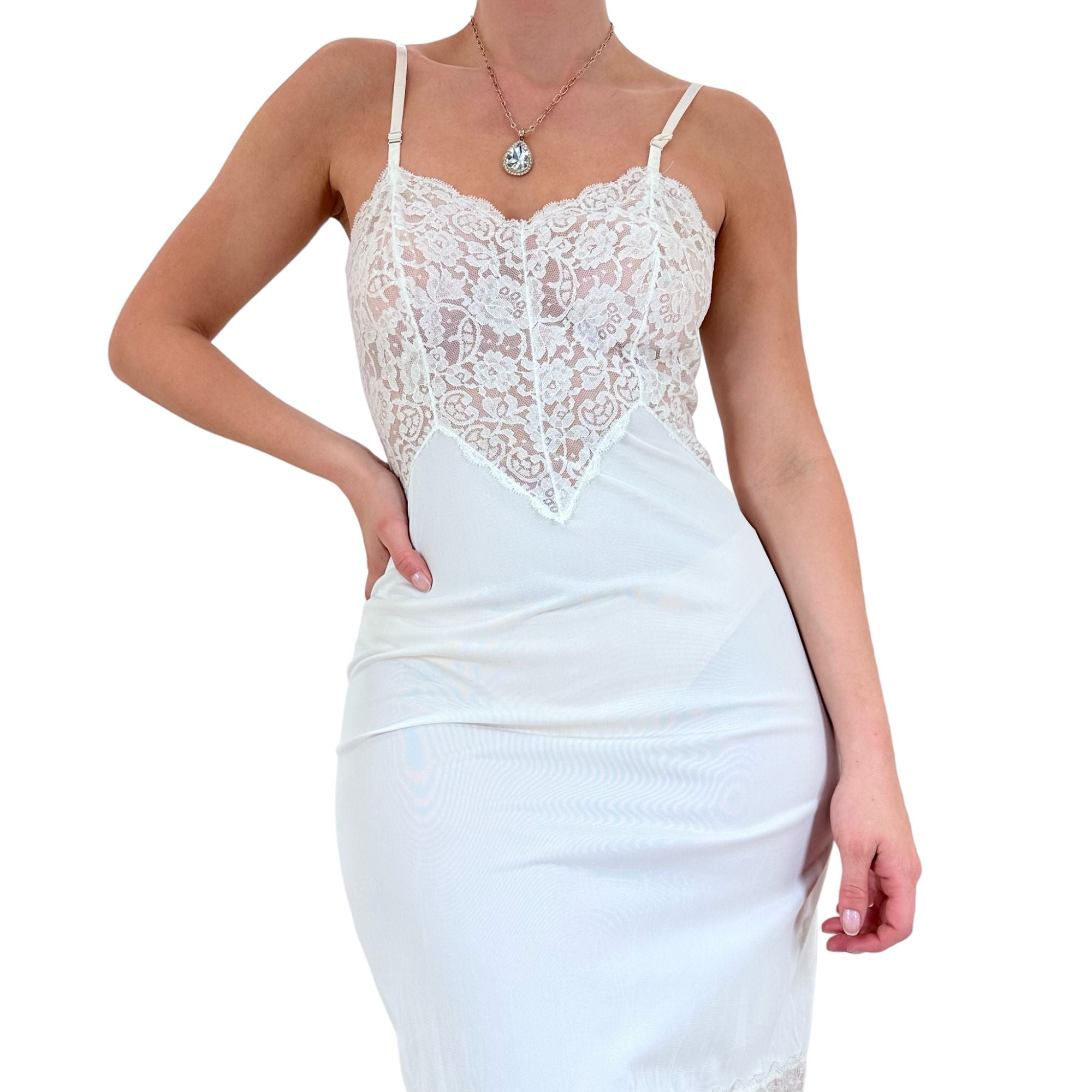 90s Rare Vintage White Lace Slip Dress [S-M]