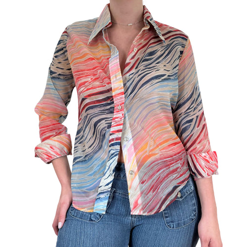 90s Vintage Multicolor Sheer Button Up Shirt Top [S]