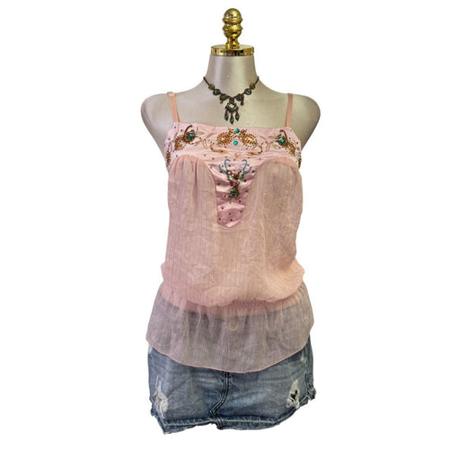90s Vintage Light Pink Silk Gold Glitter + Floral Sequins Top [L]