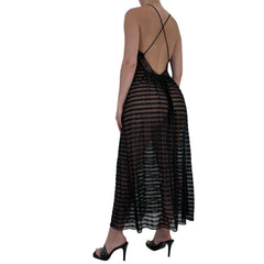 90s Rare Vintage Black Striped Maxi Slip Dress [M]