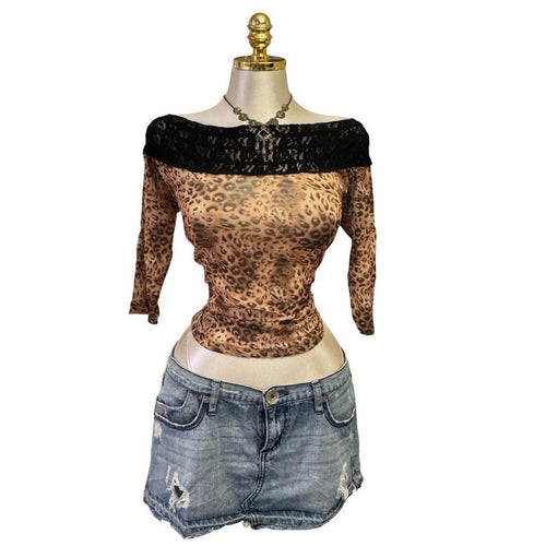 90s Vintage Brown Leopard Off Shoulder Black Lace Trim Top  [L]