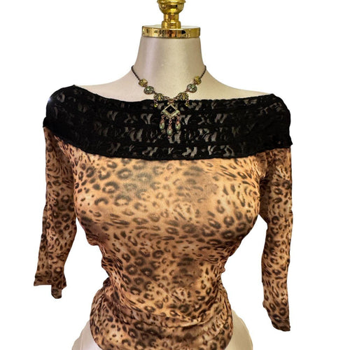 90s Vintage Brown Leopard Off Shoulder Black Lace Trim Top  [L]