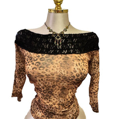 90s Vintage Brown Leopard Off Shoulder Black Lace Trim Top  [L]