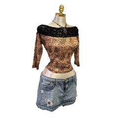 90s Vintage Brown Leopard Off Shoulder Black Lace Trim Top  [L]