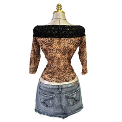 90s Vintage Brown Leopard Off Shoulder Black Lace Trim Top  [L]