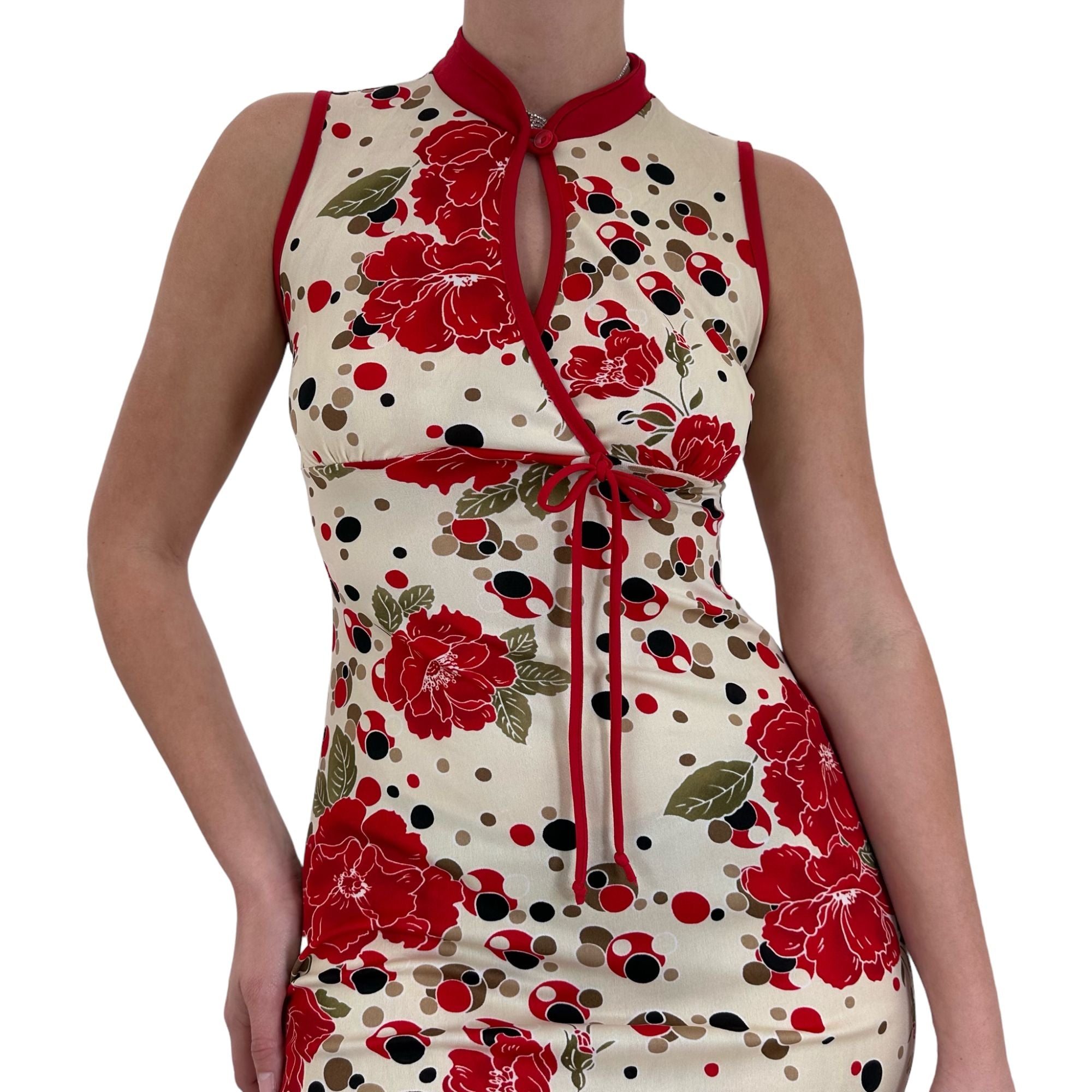 Y2k Vintage White Red + Black Floral Cheongsam Dress [L]