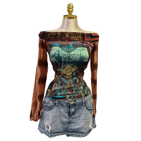 90s Vintage White Mesh W/ Black Red Beige Tie-dye Lining Top  [L]