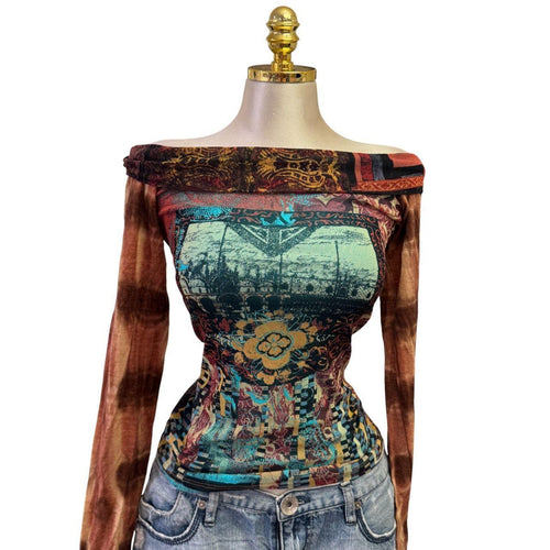 90s Vintage Brown Tie Dye Blue Artsy Top [M]