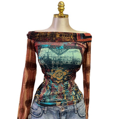 90s Vintage Brown Tie Dye Blue Artsy Top [M]