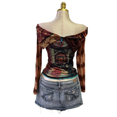 90s Vintage Brown Tie Dye Blue Artsy Top [M]