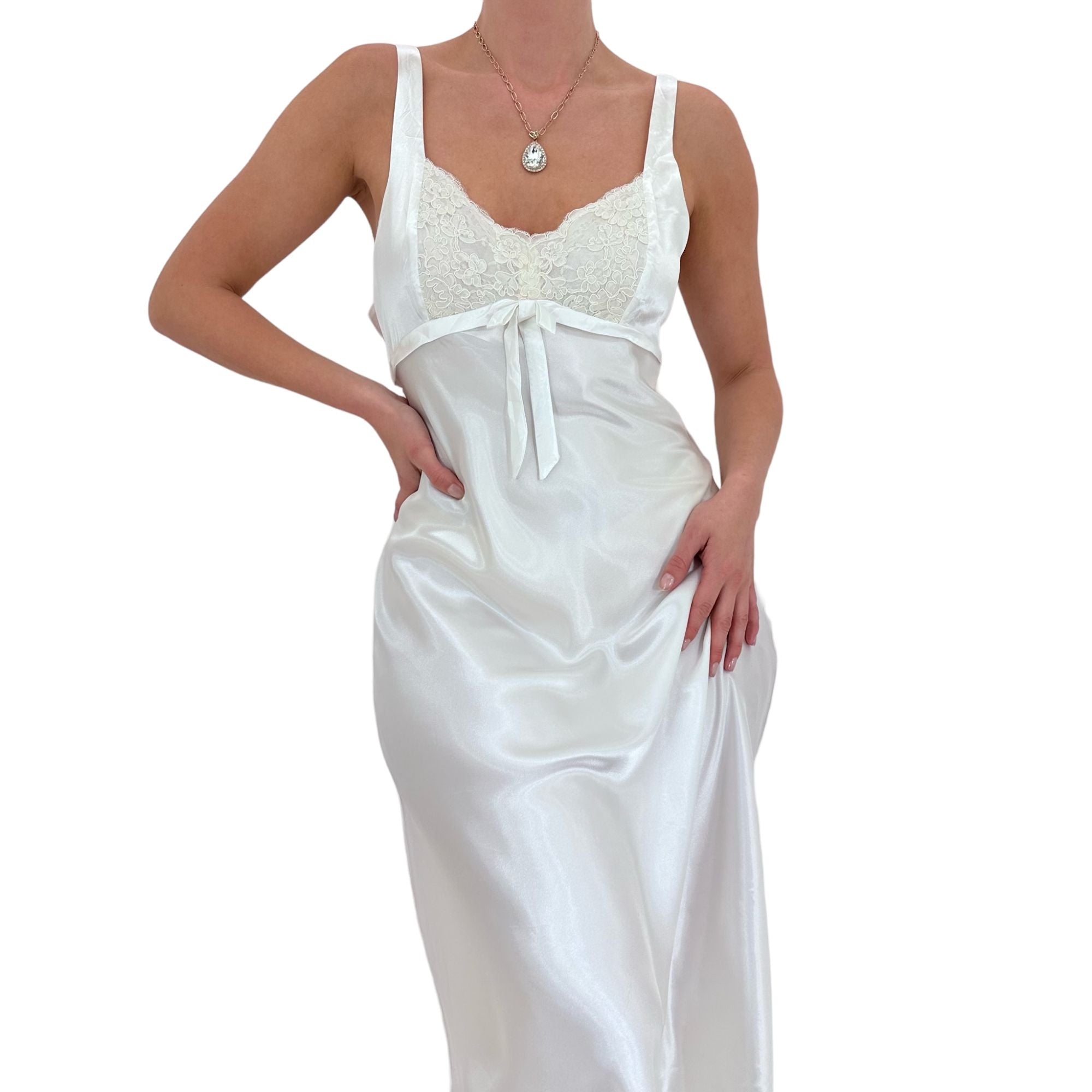90s Rare Vintage White Satin Slip Dress [M]