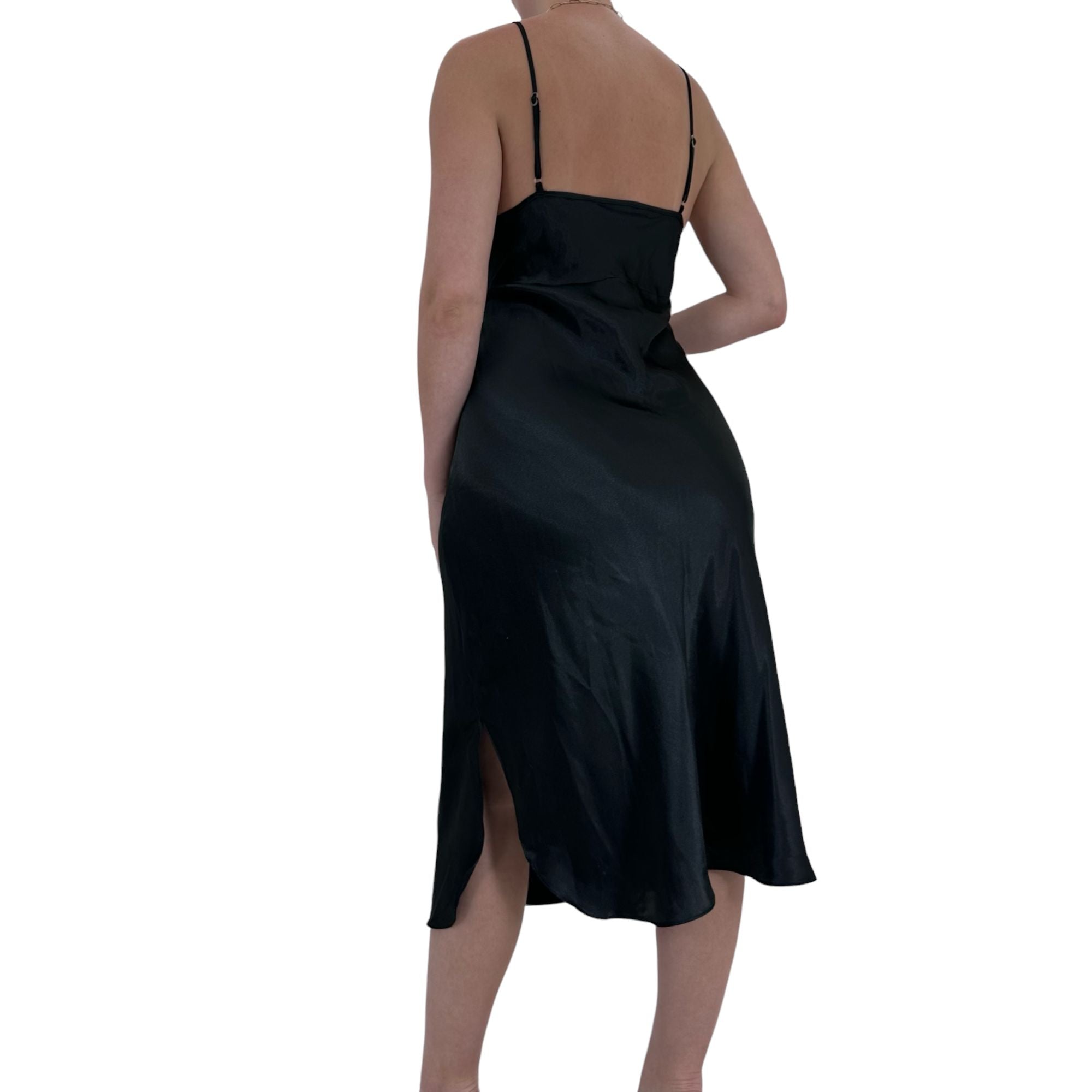 90s Vintage Black Satin Slip Dress [M]