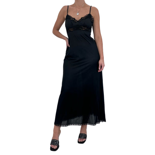 90s Rare Vintage Black Satin Maxi Slip Dress [M]
