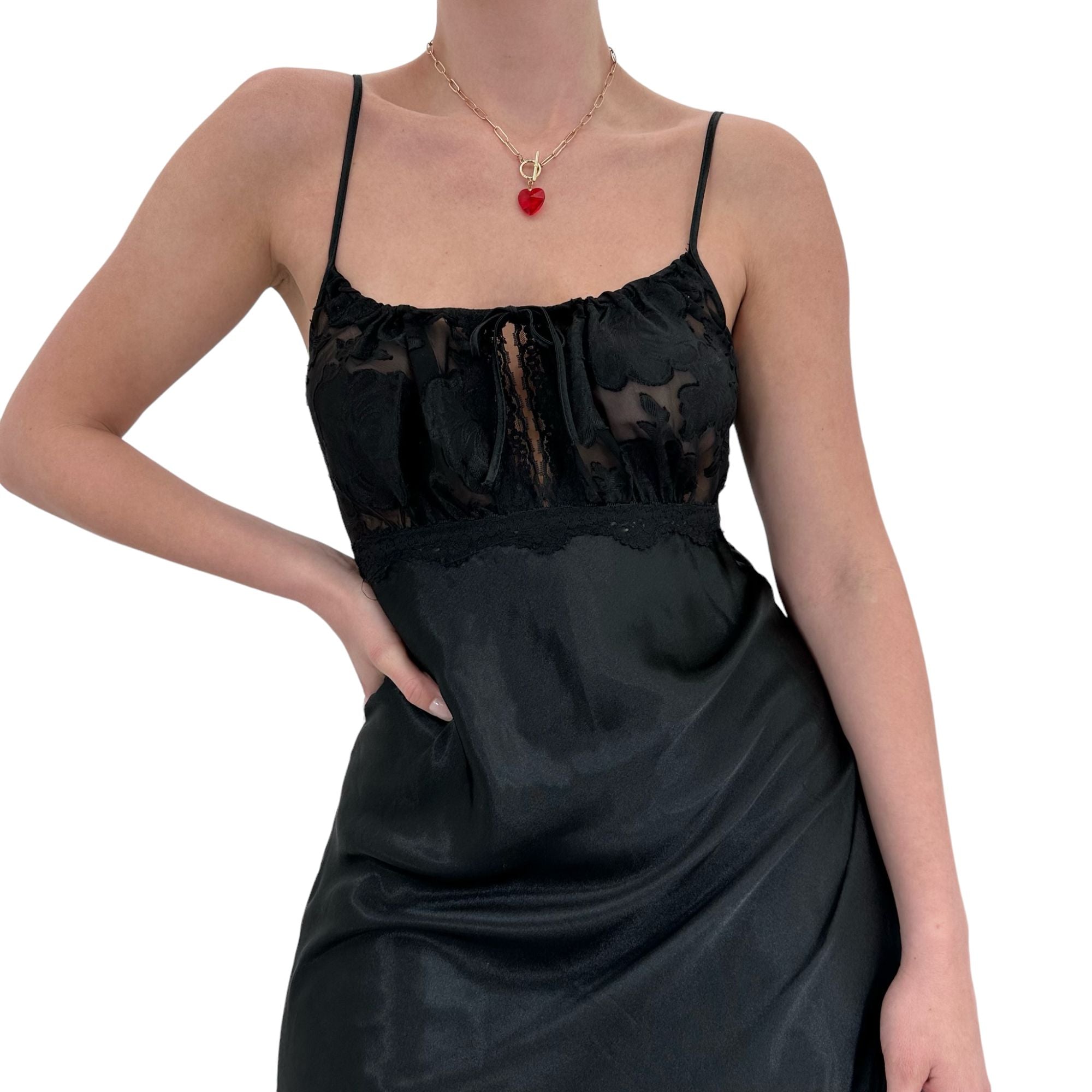 90s Vintage Black Satin Slip Dress [M]