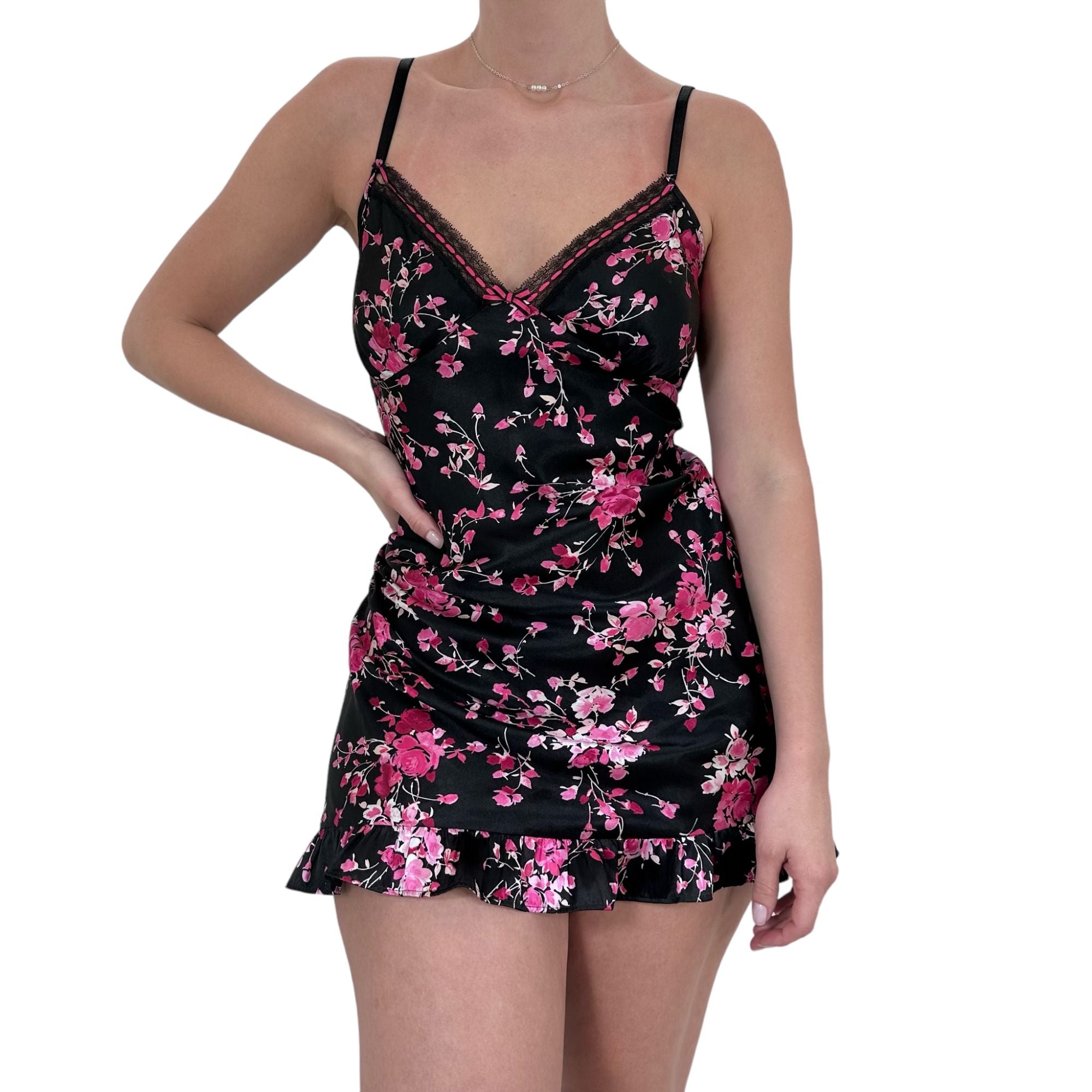 Y2k Vintage Black + Pink Floral Slip Dress [L]