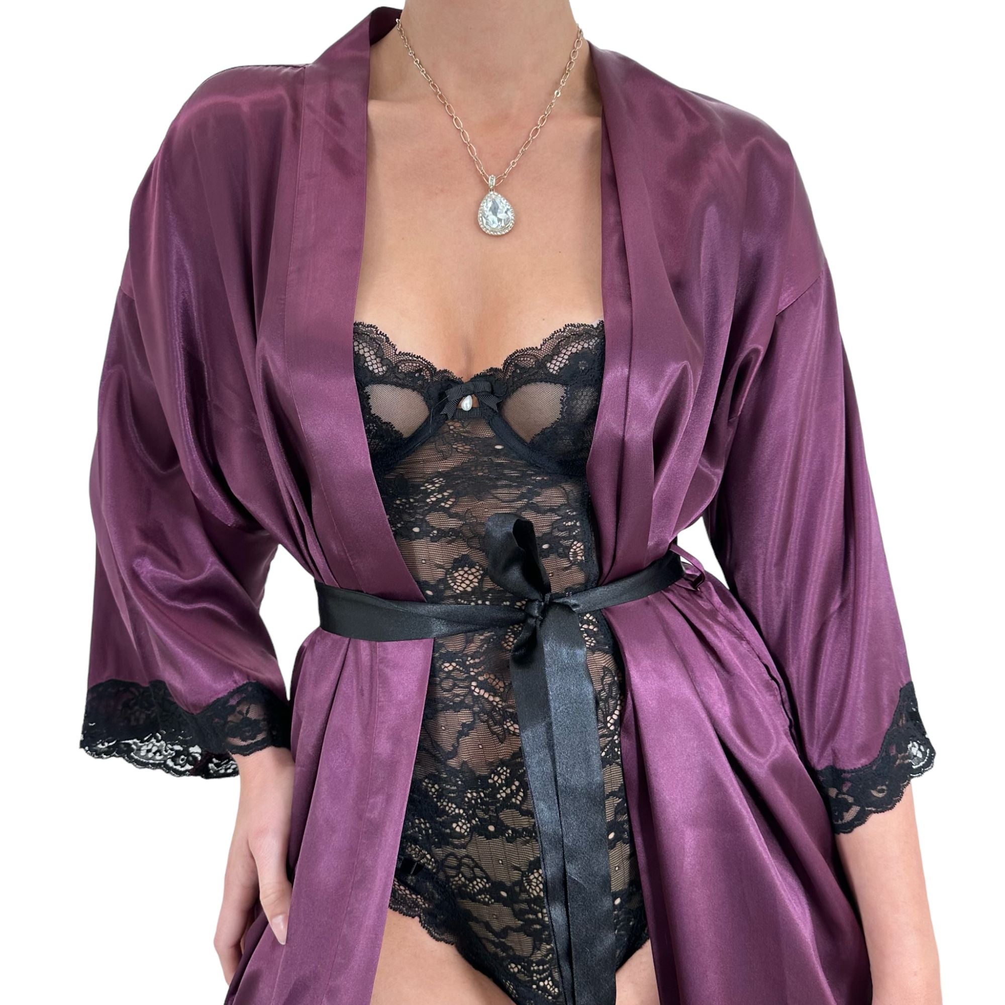 90s Vintage Frederick's of Hollywood Grape Purple + Black Satin Robe [S]