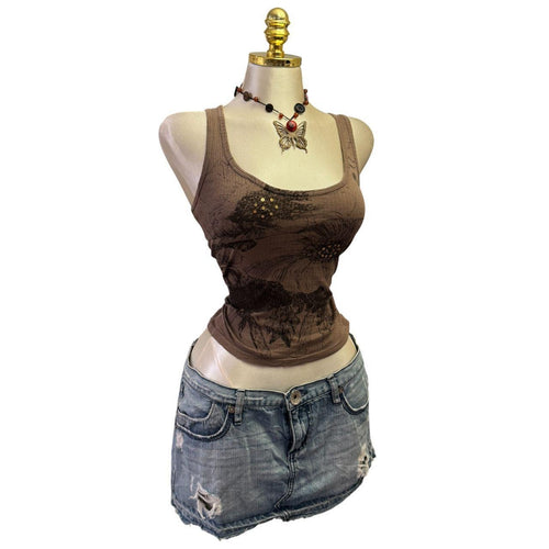 90s Vintage Brown Black Sequin Floral Top [XS]