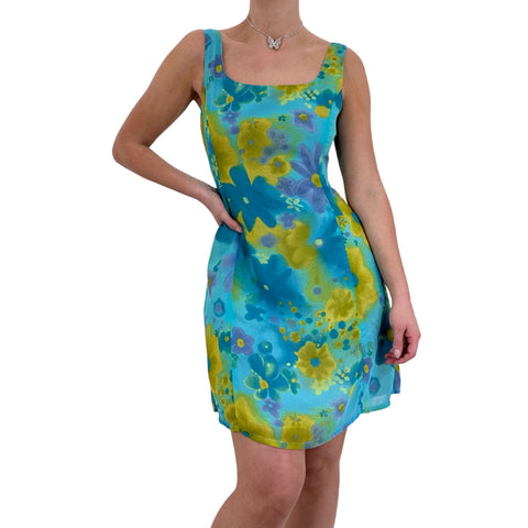 Y2k Vintage Blue Floral Silk A-Line Dress [M]