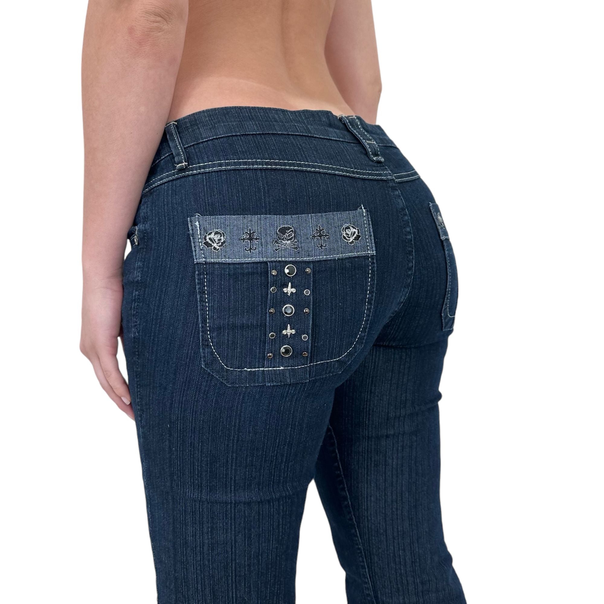 Y2k Vintage Blue + Silver Embroidered Low-Rise Cross Jeans [M]