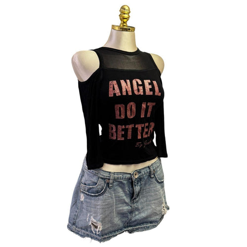 90s Vintage Black "Angel Do It Better" Cut Out Long Sleeve Top  [XS]