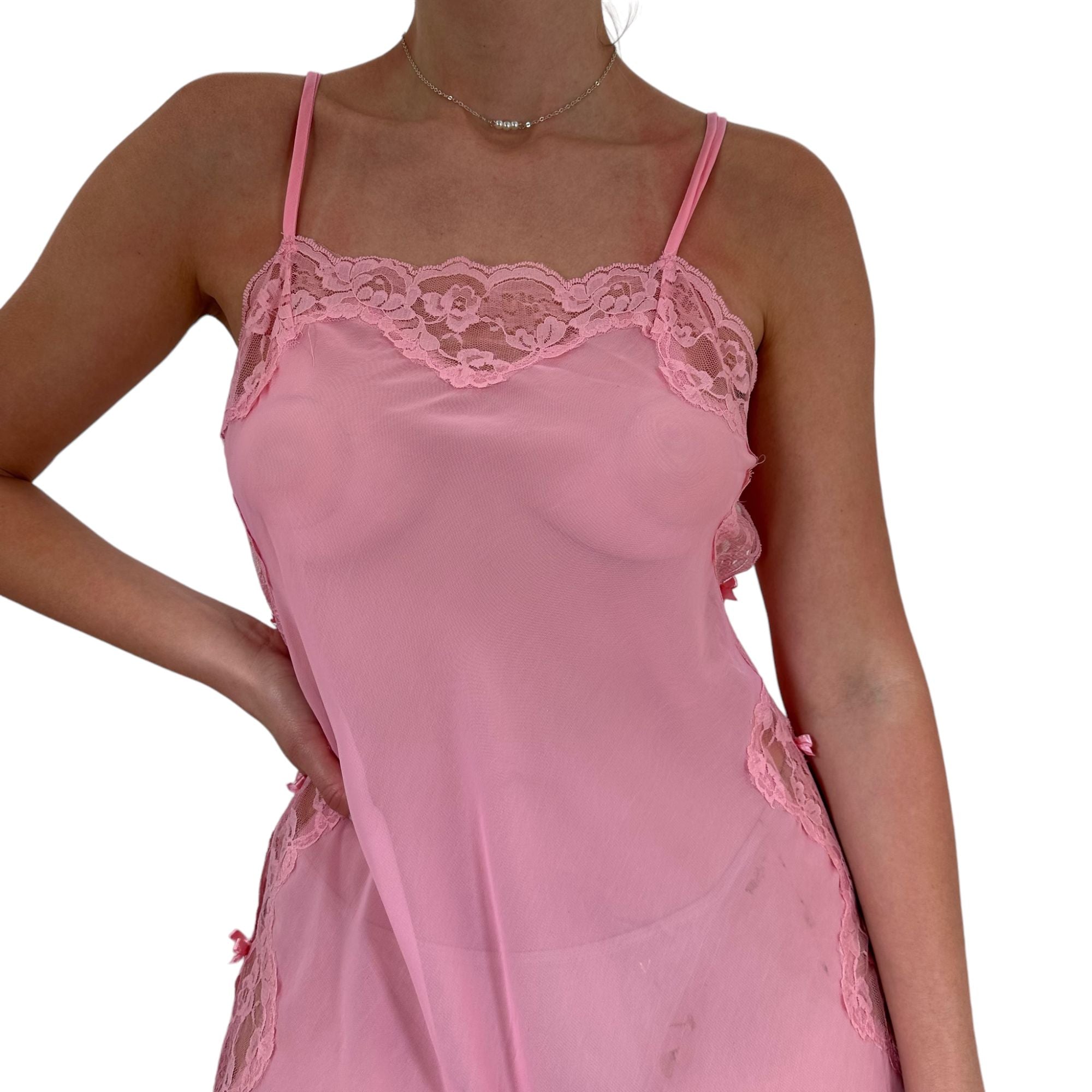 90s Vintage Pink Sheer Floral Lace Slip Dress [L]