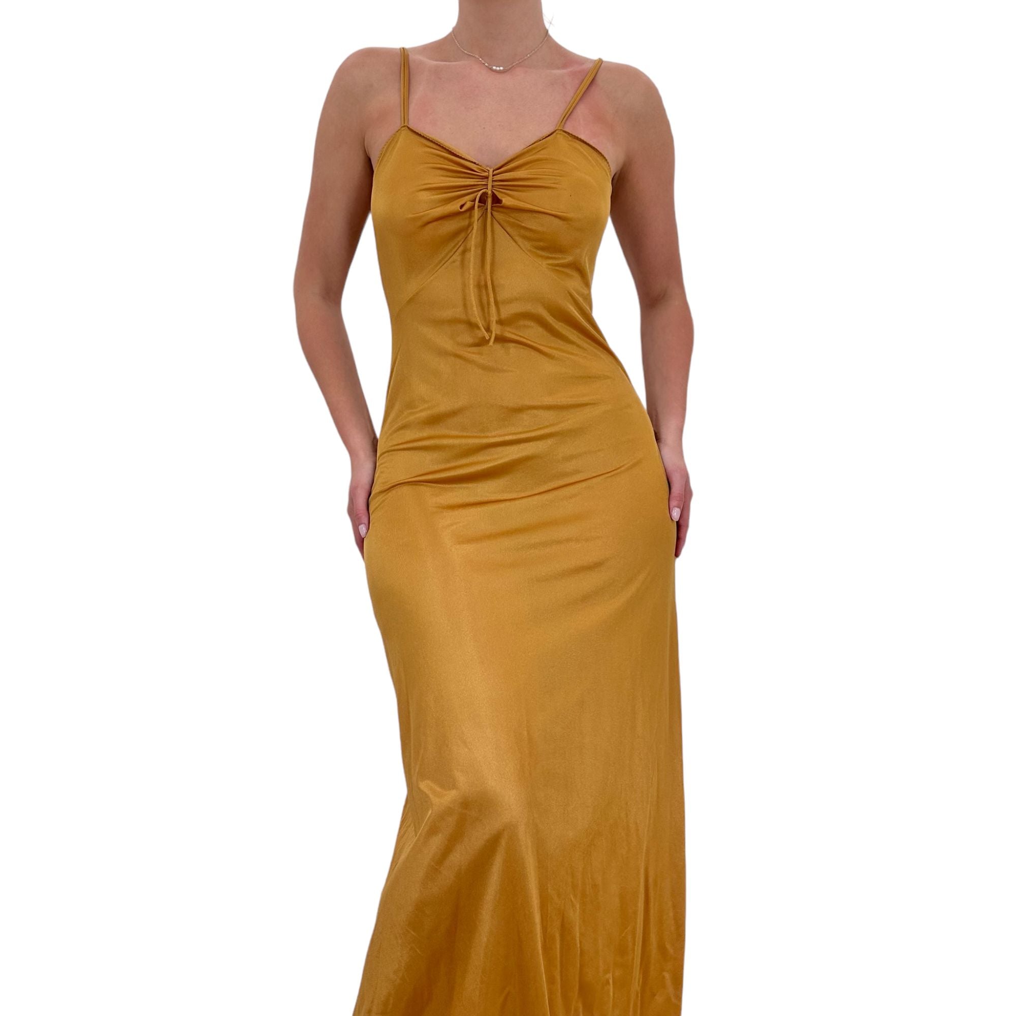 90s Vintage Gold V-Neck Maxi Dress [S, M]