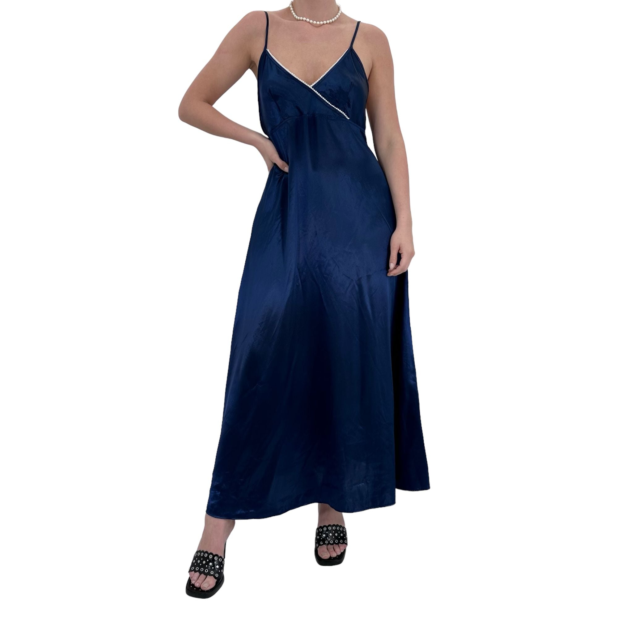 90s Rare Vintage Navy Blue Maxi Slip Dress [L]
