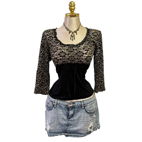 90s Vintage Black Gold Floral Lace Top [L]
