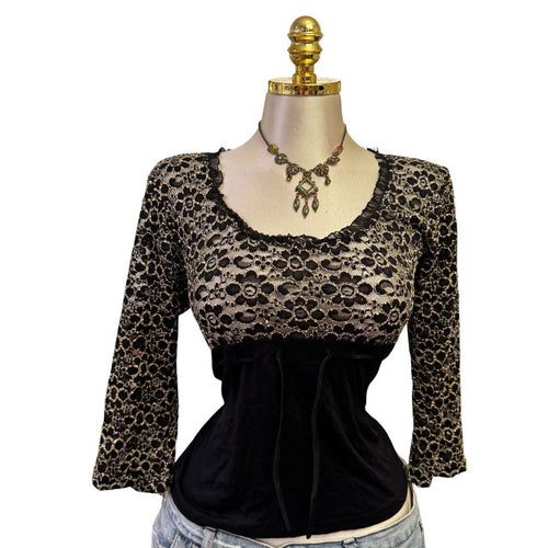 90s Vintage Black Gold Floral Lace Top [L]