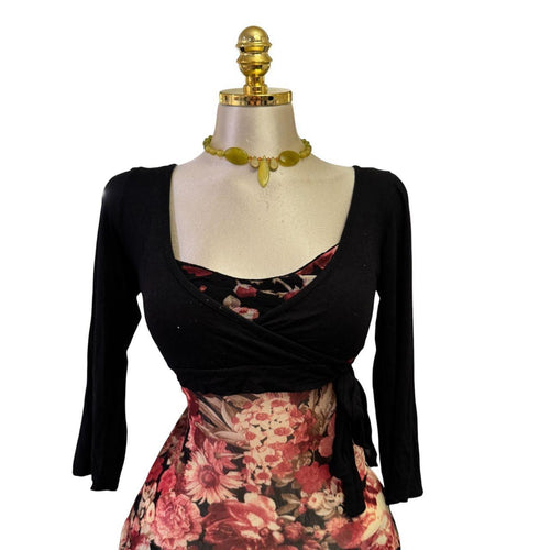 90s Vintage Black Red Floral Mesh Tie Front Top [L]
