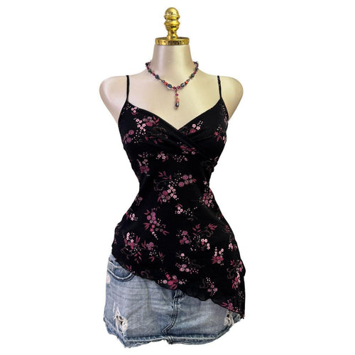 Y2K Vintage Black And Pink Sparkles Floral Top [S]