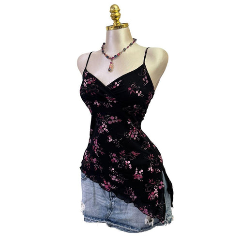 Y2K Vintage Black And Pink Sparkles Floral Top [S]