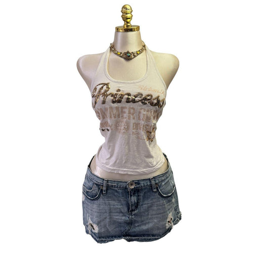 Y2K Vintage White Gold Sequins Tank Princess Top  [S]