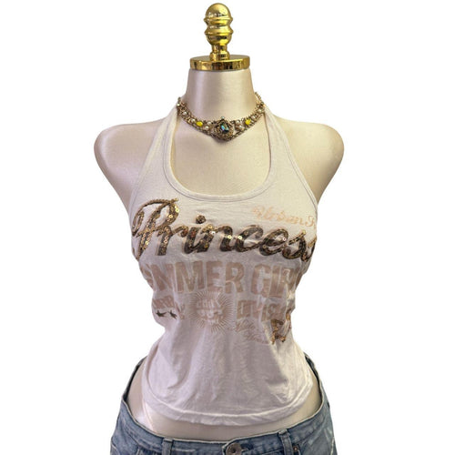 Y2K Vintage White Gold Sequins Tank Princess Top  [S]