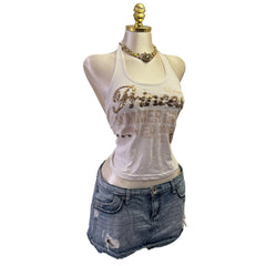 Y2K Vintage White Gold Sequins Tank Princess Top  [S]